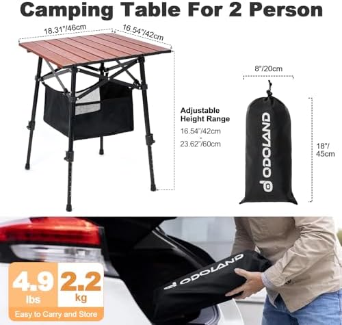 Odoland Portable Camping Table, Folding for Beach Outdoor Adjustable Height | 16.5"-23.6"H, Storage Bag for Camp, Cooking, Picnic, Travel, Backyards, Fishing, Park