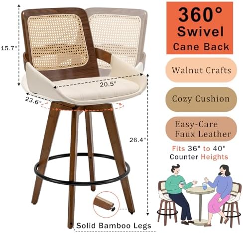 Mid Century Modern Counter Stools, Rattan Swivel Counter Stools with Back | Natural Bentwood Frame, Rattan Back, Walnut Finish, Faux Leather Upholstered Seat, Counter Chairs for Island, Kitchen, Cafe