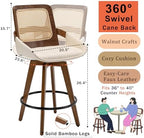 Mid Century Modern Counter Stools, Rattan Swivel Counter Stools with Back | Natural Bentwood Frame, Rattan Back, Walnut Finish, Faux Leather Upholstered Seat, Counter Chairs for Island, Kitchen, Cafe