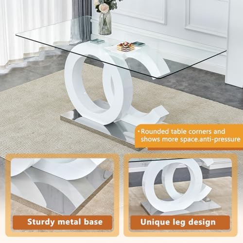 gopop Dining Table Set for 6, 7-Piece Glass Table with 6 PU Leather Chairs | 63" Rectangular Tempered Glass Table, Modern White and Sliver Base, High-Back Chairs for Dining Room and Kitchen