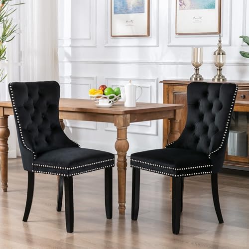 Virabit Velvet Dining Chairs, Tufted Upholstered Dining Chairs with Nailhead Back and Ring Pull Trim, Solid Wood Dining Chairs for Kitchen/Bedroom/Dining Room (Black, Set of 2)