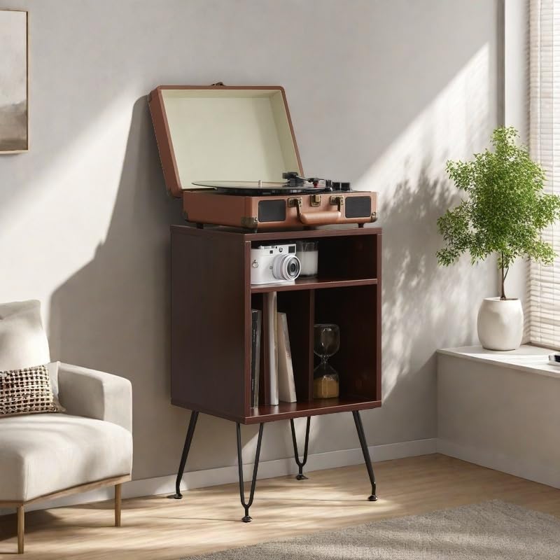 FONTOI Record Player Stand with Storage Space, Turntable Stand Record Player Cabinet with Adjustable Feet, End Table with Metal Legs for Living Room, Bedroom, Brown
