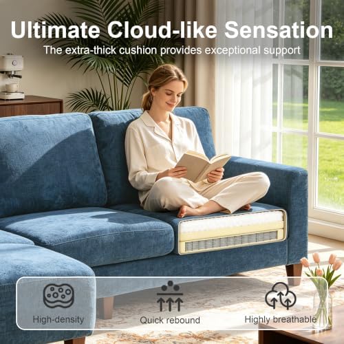 L Shaped Sectional Couch for Living Room, Modular Small Sofa with Ottoman | 96 Inch, 3 Deep Seats, Blue, Chenille, Easy Tool-Free Assembly, Modern Compact Sofa Set for Apartment, Office, Small Space