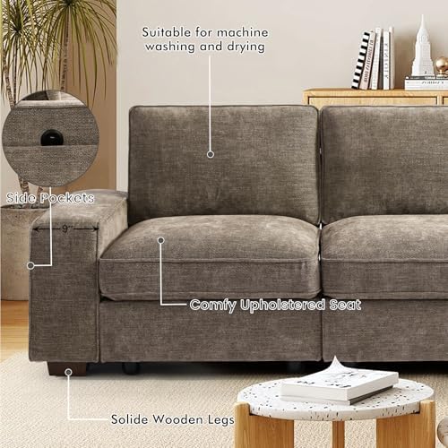 TEKAMON 100" Modular Sofa with Seats Storage, Comfy 3-Seater Chenille Fabric Couch for Living Room, Office, Apart W/Deep Seat, USB Charging, Upholstered Couch with Removable Cover(Brown)