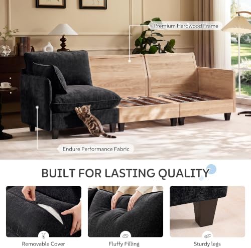 Ihanherry 139" Oversized V-Shaped Modular Sectional Couch, 9-Seater Cloud Sofa with Corner & Movable Ottoman, Large Cushions, Chenille Deep Seat Living Room Furniture Set,Black