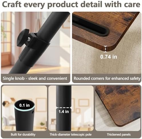 YUHFERA Sofa Armrest Tray Table for Couch - 360° Swivel Height Adjustable End for Small Spaces, Snack Side Table for Bed or Chair with Phone & Tablet Slot (Rustic,Standard)