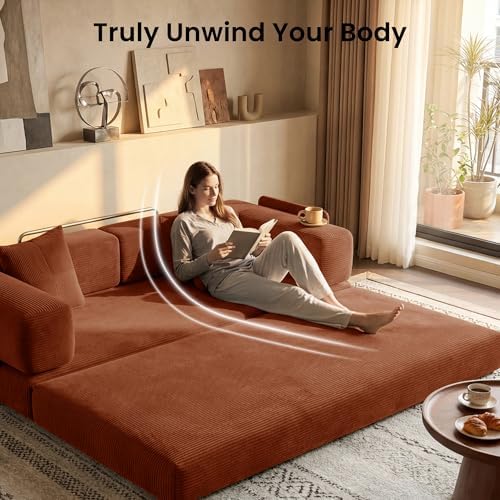 78.8" Convertible Futon Sofa Bed, Couch for Living Room | Corduroy Loveseat Sleeper Sofa, Modular Futon Couch with Storage Pocket, Pull Out Couch No Assembly | Rust Red