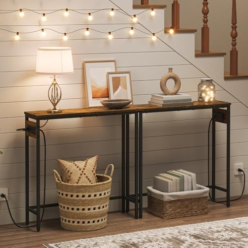 HOOBRO Narrow Console Table with Power Outlets, Small Entryway Table | Thin Sofa Table Behind Couch Table with Charging Station, for Hallway, Bedroom, Living Room,Rustic Brown and Black BF75UXG01