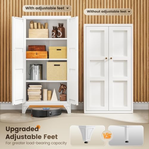 Yizosh Metal Storage Cabinet with 2 Doors and 3 Adjustable Shelves - 47" White Kitchen Pantry Storage Cabinet Locker for Kitchen,Living Room,Dining Room
