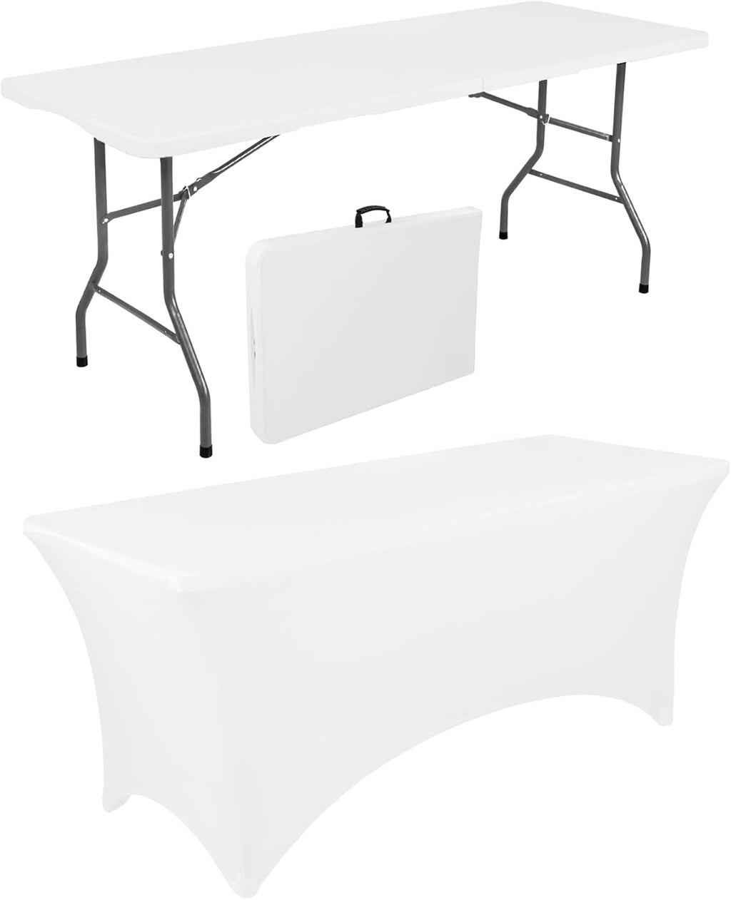 1 Set 6 FT Rectangle Folding Table with Carrying Handle, Lightweight Fold-in-Half Utility Table, with Matching White Stretch Spandex Covers, Ideal for Weddings, Parties, Camping, Banquets.
