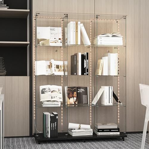 65" H 4-Shelf Glass Display Storage Cabinet with LED Lights Strip & Double Doors, Modern Curio Cabinet Collection Display Case with Lockable Casters & Lock for Living Room (Black)