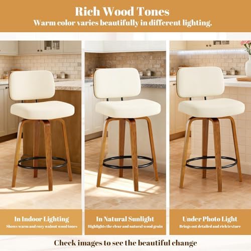 Counter Height Bar Stools Set of 3, 26+inch Swivel Faux Leather Barstool with Back, Upholstered Mid-Century Modern Bar Chairs with Bent Wood Legs for Kitchen Counter, Dining Room, Cream White