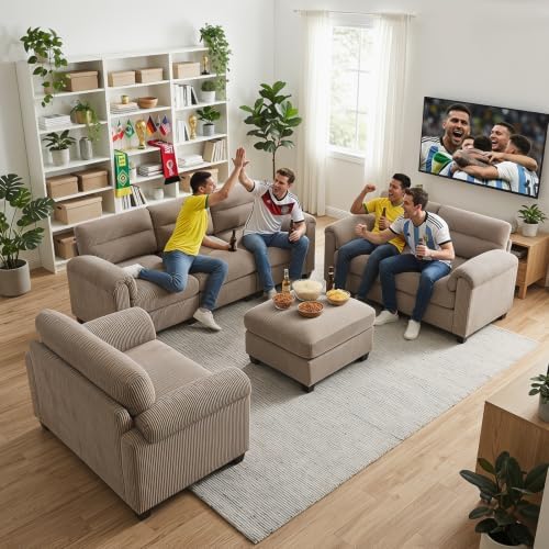 HAOMARKETS Corduroy Sofa Set, Upholstered Ottoman Footrest, Modern Living Room Furniture Sets,Brown
