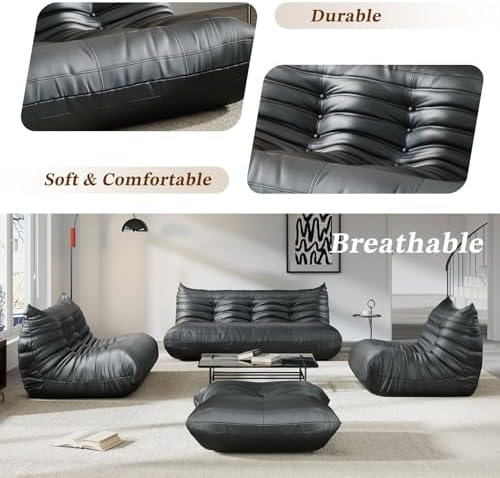 Comfy Lazy Floor Sofa Couch,Soft Armless Chair,Faux Leather Lounge Chair,Corner Relax Sofa Couch for Living Room Bedroom,Salon Office,Adults（Black+3 Seat