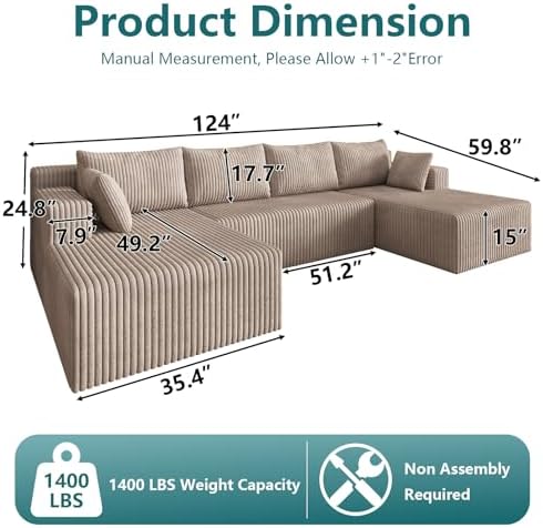 124" U-Shape Cloud Couch, Modern Modular Sectional U-Shape Sofa, Corduroy Couch Upholstered Couches Deep Seat Sleeper Chaise Longue for Living Room, No Assembly Required,Camel