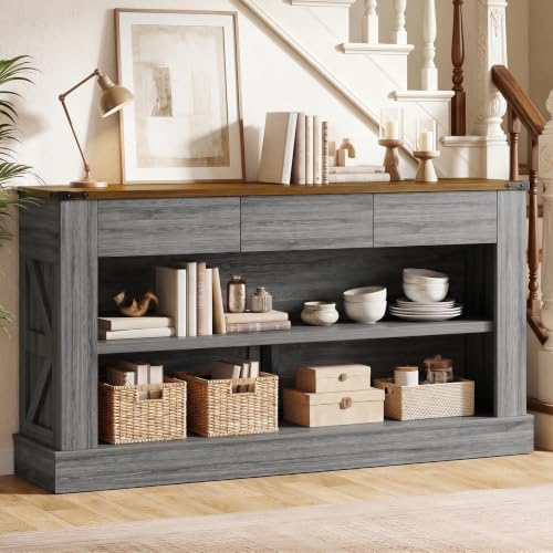 Miereirl 63" Console Table with Drawers & LED Light, Brown & Dark Grey