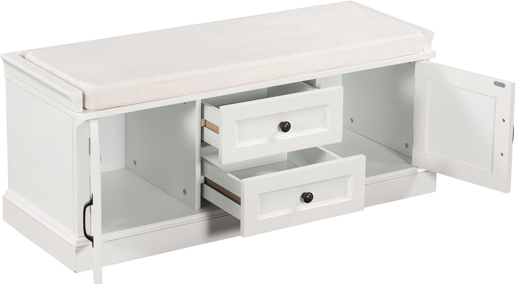 GDFStudio Jasd 42.50" Storage Bench with 2 Drawers and 2 Cabinets, Shoe Bench with Removable Cushion, Solid Wood Frame Storage Ottoman, Rectangular Cabinet Shoe Seat for Living Room Entryway, White