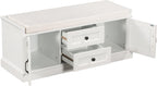 GDFStudio Jasd 42.50" Storage Bench with 2 Drawers and 2 Cabinets, Shoe Bench with Removable Cushion, Solid Wood Frame Storage Ottoman, Rectangular Cabinet Shoe Seat for Living Room Entryway, White