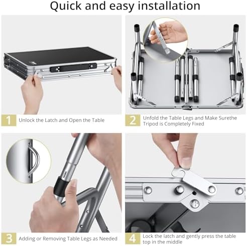 Anbte Folding Camping Table, 24"X 16" Adjustable Height Small Folding Table | Aluminum, with Carrying Handle, Lightweight, Portable Camping Table for Outdoor Indoor Picnic Beach BBQ Grill Patio (Black)