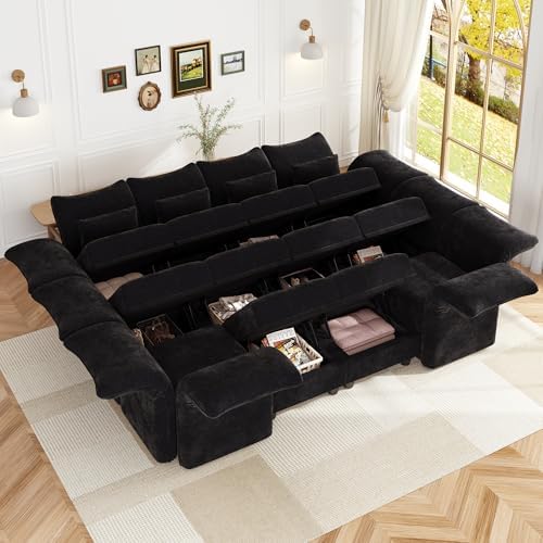 LLappuil Deep Modular Sectional Sofa Sleeper 12 Person Chenille Sectional Couches for Living Room with Storage Ottoman, Adjustable Arms Backs Black
