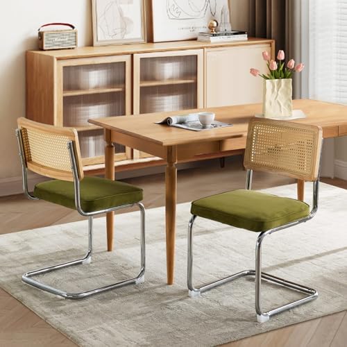 Rattan Dining Chairs Set of 4,Upholstered Mid-Century Modern Dining Room Chairs with Cane Backrest,Retro Velvet Kitchen Chairs with Stainless Chrome Base,Green