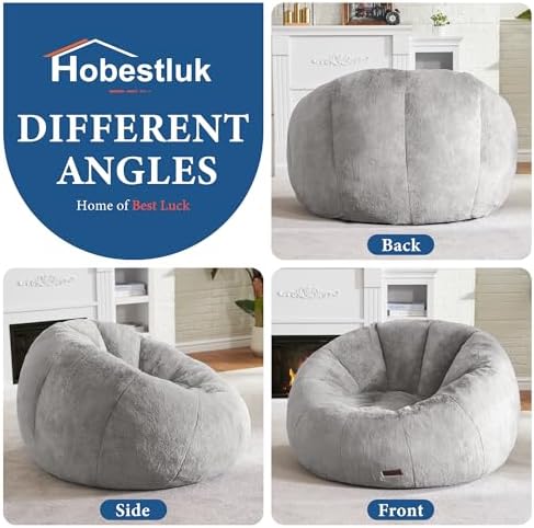 Hobestluk Large Beanbag Chairs for Adults Donut-Shaped Plush Sofa Couch | Grey, Oversized Bean Bag Chair with Faux Fur Cover Foam Filling Cozy Lounger for Bedroom Living Room Reading