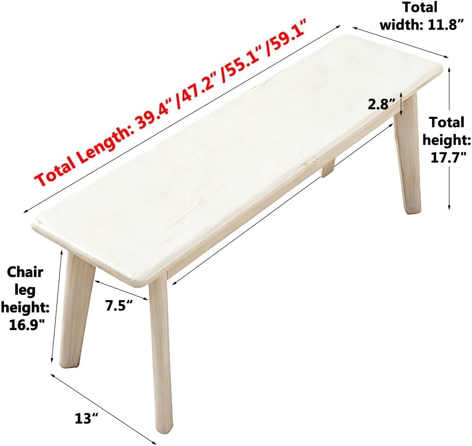 Solid Wood Bench, Rustic Skinny Wood Bench for Entryway, Narrow Bench Dining Bench Farmhouse Wooden Dining Bench Long Entryway Bench, Easy to Assemble(White,39.4" Lx11.8 Wx16.9 H)