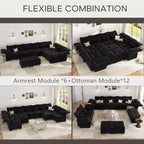 LLappuil Deep Modular Sectional Sofa Sleeper 12 Person Chenille Sectional Couches for Living Room with Storage Ottoman, Adjustable Arms Backs Black