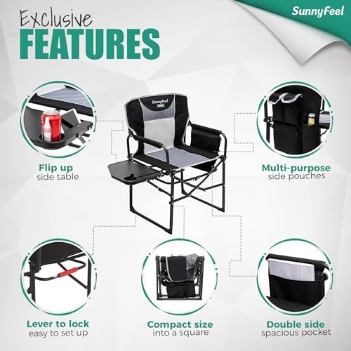 SUNNYFEEL Oversized Camping Chair Portable Directors Chairs with Side Table | Heavy Duty Folding Lawn Chair for Adults 300LBS with Compact Size, Breathable Mesh, Pocket & Carry Bag for Outdoor, Lawn, RV