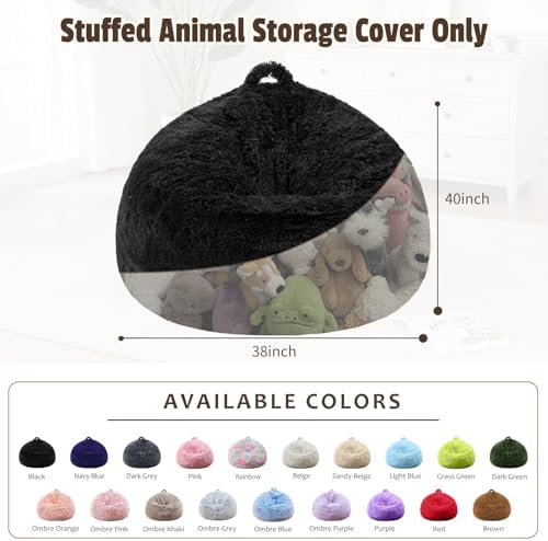 Bean Bag Cover (No Filler), Soft Faux Fur Stuffed Animal Bean Bag Storage, Fluffy Plush Bean Bag Chair Cover Washable, Comfy Bean Bag Covers for Adults Kids Teens, 38"x40" Black