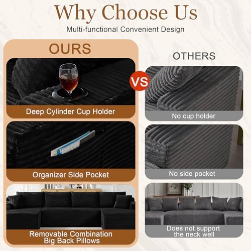 134 Inch Modular Sectional Sleeper Sofa, Cloud Couch for Living Room, U Shaped 5 Seat Sofa with 2 Storage Pockets& 2 Cup Holders, Free Combination, No Assembly Required (Black)