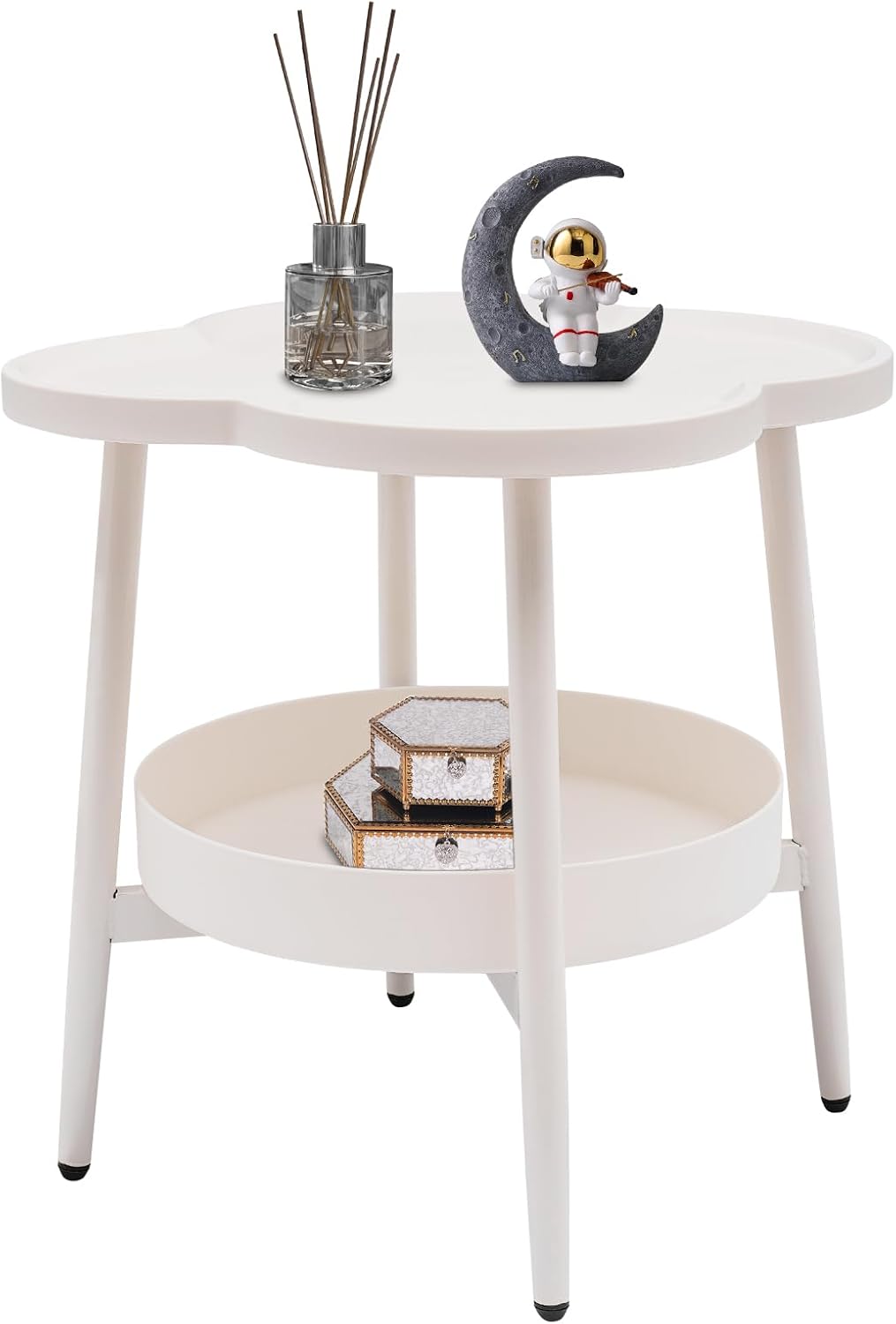 2 Tier Round Side Table, End Table with Storage Shelf, Small Round Nightstand for Living Room, Sofa Coffee Table, End Tables Indoor Outdoor for Small Spaces Bedroom Balcony Office