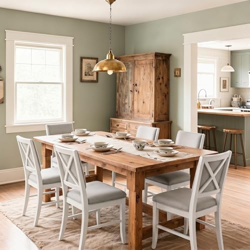 Farmhouse Dining Chairs Set of 2 Upholstered Kitchen Chairs with Cross Back Armless Wooden Side Chairs for Dining Room, Living Room, Reception (Grey Linen + White Frame)