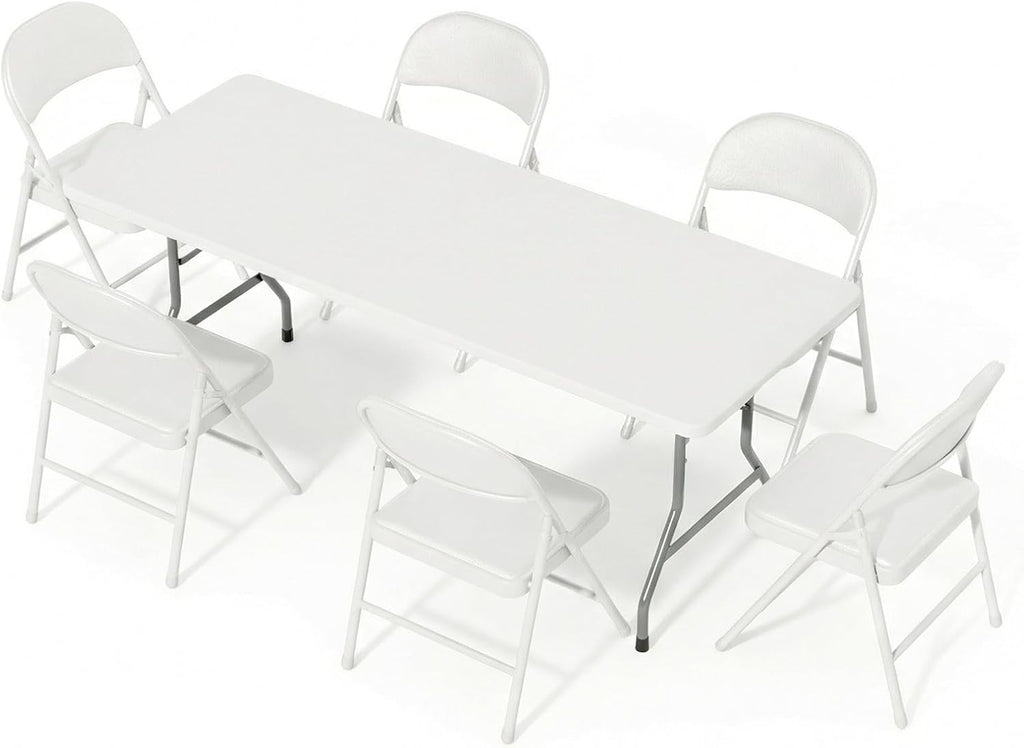 6FT White Plastic Folding Table Set with 6 White PU Padded Chairs | Portable Foldable Tables and Chairs for Parties Picnic Events Office Dining Outdoor Activities Home and Commercial Use