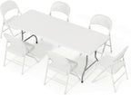 6FT White Plastic Folding Table Set with 6 White PU Padded Chairs | Portable Foldable Tables and Chairs for Parties Picnic Events Office Dining Outdoor Activities Home and Commercial Use