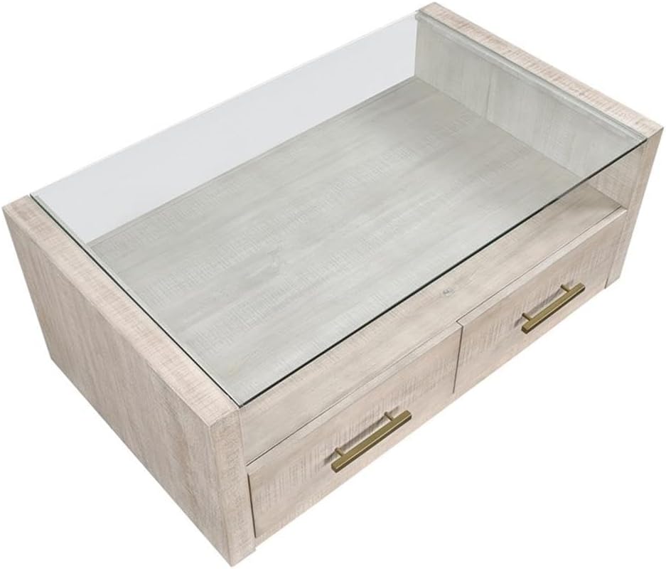 Pemberly Row Contemporary 3-Piece Coffee Table Set, Acacia Wood Veneers, Toffee Finish, Tempered Glass Tops, Includes Castered Coffee Table and 2 End Tables for Living Room or Lounge Use