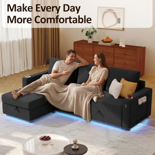 Ball & Cast 80" Sectional Sleeper Sofa Bed Pull Out Couches for Living Room | L Shaped Convertible Pull Out Sofa Bed with Storage Chaise, LED Lights, Foldable Table, USB Ports, Cup Holder and Side Pocket