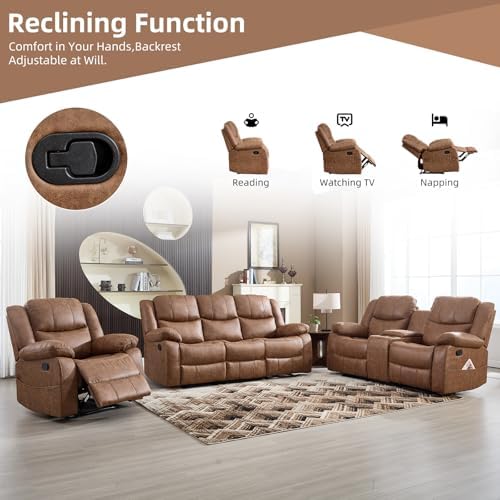 EBELLO 3 Pieces Faux Leather Recliner Sofa Furniture Set, Includes a Manual Reclining 1 Seat Chair, a Loveseat and a 3 Seat Couch, with Cup Holders and Storage for Living Room, Brown