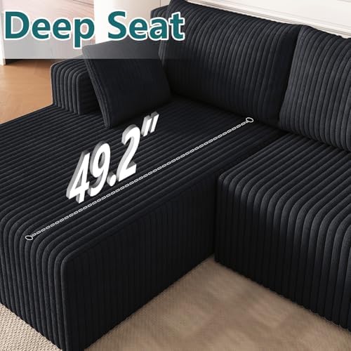124" U-Shape Cloud Couch, Modern Modular Sectional U-Shape Sofa, Corduroy Couch Upholstered Couches Deep Seat Sleeper Chaise Longue for Living Room, No Assembly Required, Black