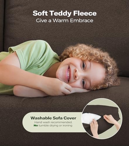 Welzona Loveseat, 51" Small Couch, Teddy Love Seat, Small Loveseat Sofa | Comfy Teddy Fabric, Tool-free Setup, Washable Covers, All-wood Small Sofa Couch for Living Room, Bedroom, Small Spaces, Brown