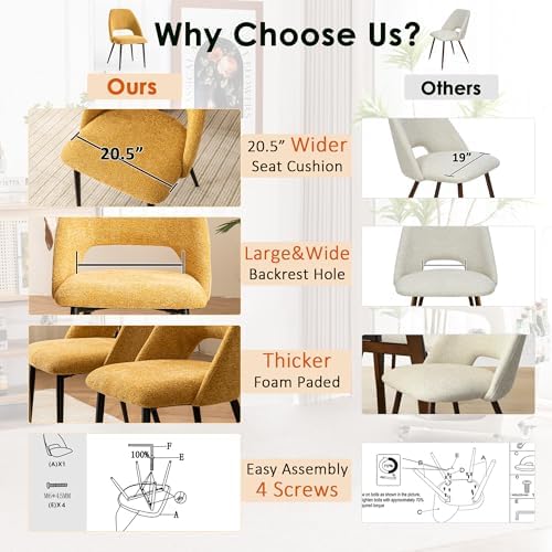 Rowill Boucle Dining Chairs Set of 4, Morden Upholstered Dining Room Kitchen Chairs with Metal Legs for Living Room, Bedroom, Restaurant, Yellow