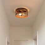 2-Light Rustic Flush Mount Light Fixture Oak Wood Round Drum Semi Flush Mount Ceiling Light for Hallway Bedroom Kitchen Entryway Farmhouse, Black