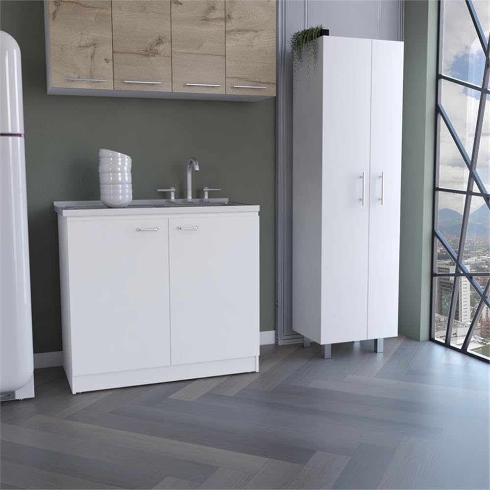 Pemberly Row 2 Piece Kitchen Set, Sink Cabinet and Pantry, White Manufactured Wood, Stainless Steel Countertop, 39.3 in Sink Cabinet with Storage, 71.3 in Pantry with Shelves for Kitchen Organization