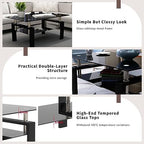 ODUSE-DAILY All Black Glass Coffee Table Set of 3 Piece, Living Room Table Set of 3 Pcs, Black Glass Coffee Table and End Table Sets, Metal Legs, Tempered Glass