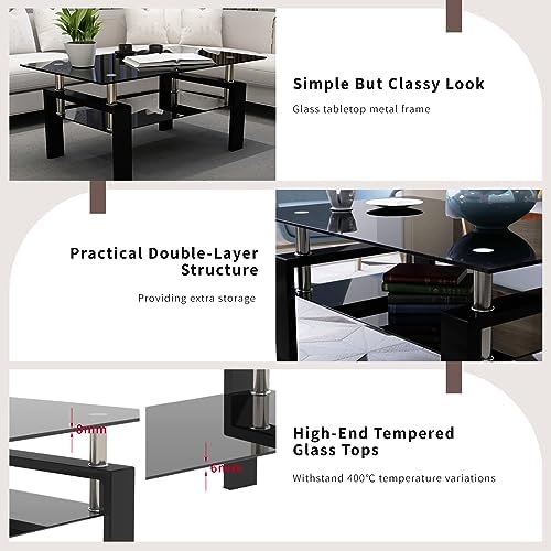 ODUSE-DAILY All Black Glass Coffee Table Set of 3 Piece, Living Room Table Set of 3 Pcs, Black Glass Coffee Table and End Table Sets, Metal Legs, Tempered Glass