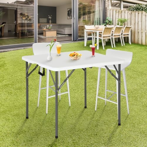 FDW | 34" Folding Table | White | Portable Plastic Table | with Carry Handle | Waterproof & Foldable Table Design | Steel Frame with Lock | for Events, Camping, Indoor & Outdoor Use
