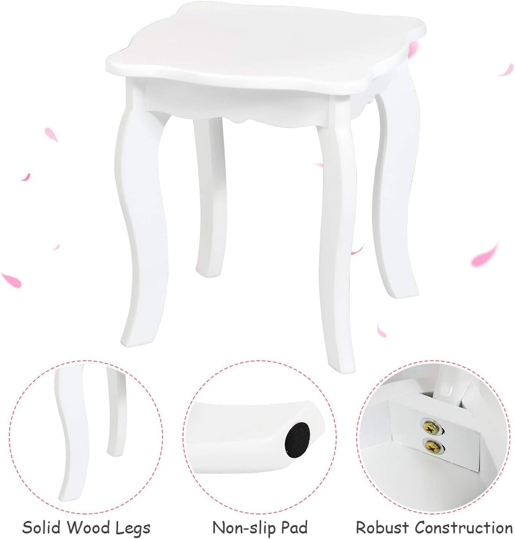 HONEY JOY Kids Vanity Set, Toddler Beauty Makeup Dressing Table w/Stool & Drawer, Tri-Fold Silver Mirror, Detachable Top, Wooden Princess Pretend Play Vanity Set for Little Girls (White)