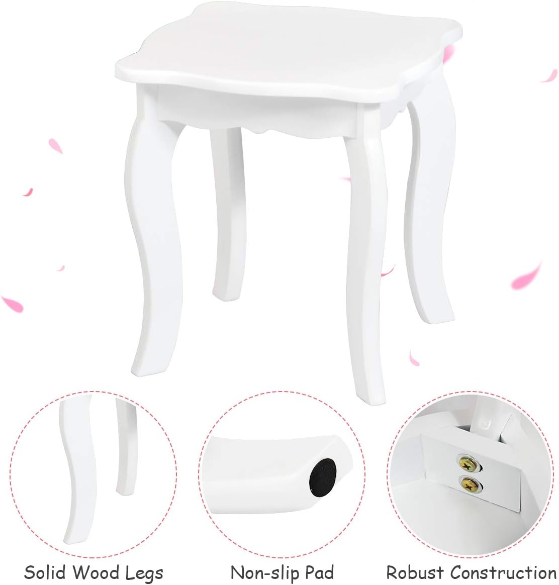 HONEY JOY Kids Vanity Set, Toddler Beauty Makeup Dressing Table w/Stool & Drawer, Tri-Fold Silver Mirror, Detachable Top, Wooden Princess Pretend Play Vanity Set for Little Girls (White)