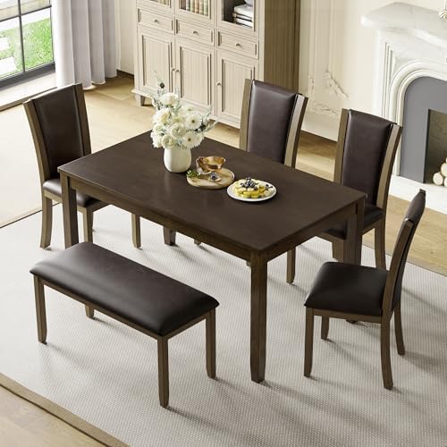 6-Piece Dining Table Set with Bench and Chairs - Solid Wood Kitchen Dining Room Table Set in Farmhouse Rustic Style, Table Set for 6 with 4 Chairs and Bench Seat.(Dark Walnut_Large)