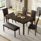 6-Piece Dining Table Set with Bench and Chairs - Solid Wood Kitchen Dining Room Table Set in Farmhouse Rustic Style, Table Set for 6 with 4 Chairs and Bench Seat.(Dark Walnut_Large)